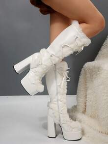 FVPFVP Botas de nieve inspiradas en la cultura Y2K del milenio, botas altas con cordones de cuero de PU y piel, tacón grueso, suela gruesa y estilo gótico