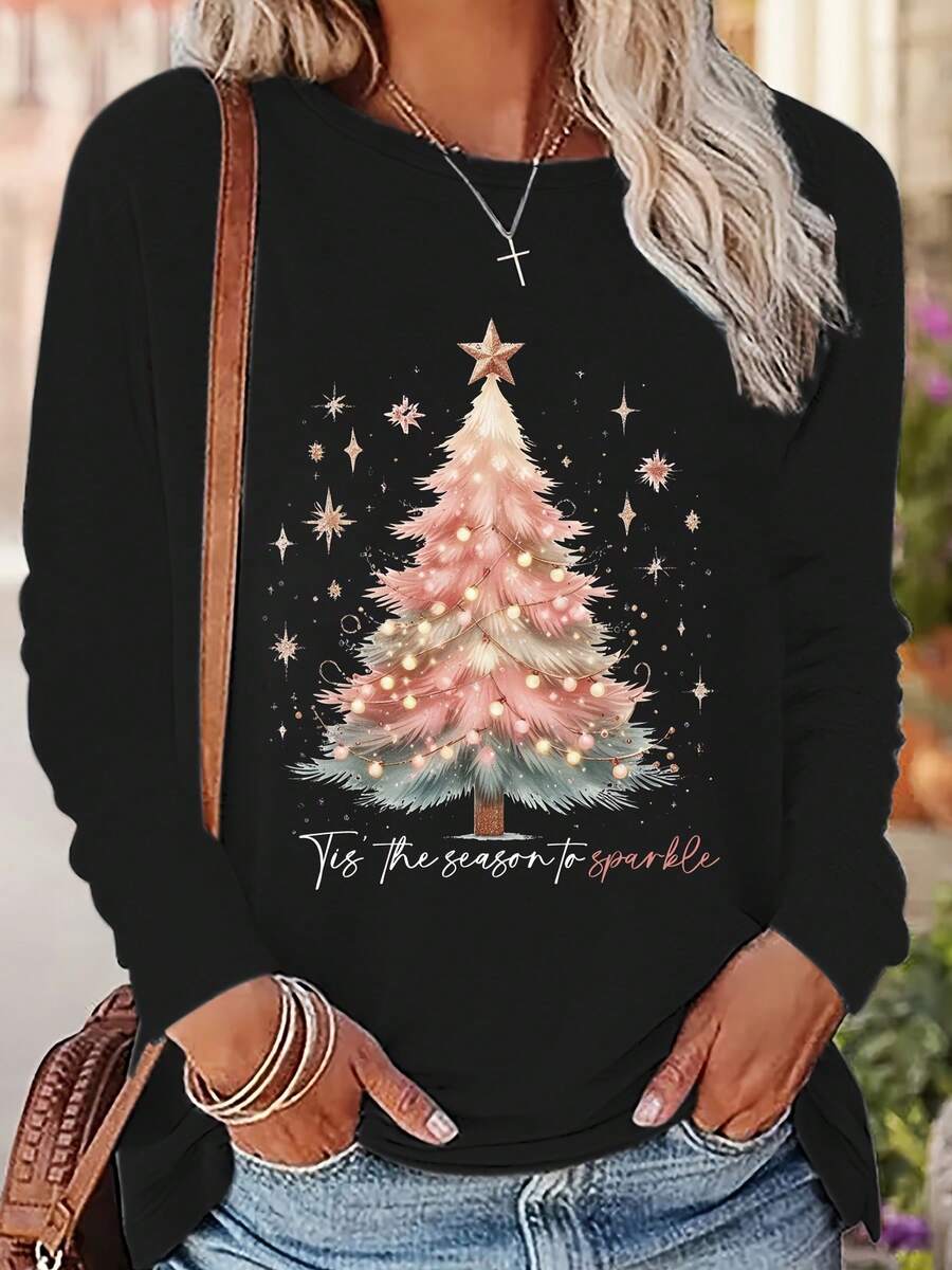 Women'sChristmasTreePrintLongSleeveT-Shirt-VibrantHolidayDesignwith"TheSeasonofSparkle"Text,SoftStretchPolyester,All-SeasonCasualRoundNeckTopforWomen,ChristmasTshirt,FestiveApparel,FestiveDesign,DurableComfort - 黑色 - 查看 1