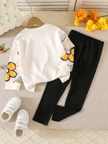 2pcs/Set Young Girls' Fashionable & Elegant Casual Patterned Top And Pants Outfit - Yellow - View 3