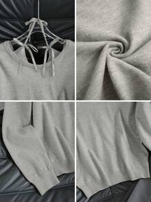 女士休闲灰色蝴蝶结系带露肩宽松针织毛衣，甜美温柔，适合冬季、圣诞节、春节、新年 - 灰色 - 查看 7