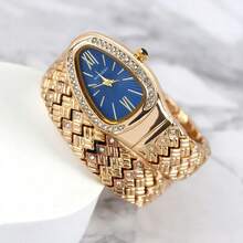 2025 Fashion Women's Quartz Bracelet Watch With Snake Wrap Band, Small Oval Dial, Crystal Luxury Wristwatch - 金色和藍色錶盤 - 查看 1