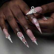 Stiletto Press On Nails Long Fake Nails White French Tip Glue On Nails Pink Acrylic Nails Bow Charm False Nails Coquette Manicure Stick On Nails 24pcs Almond Gel Artificial Nails - 多色14 - 查看 1
