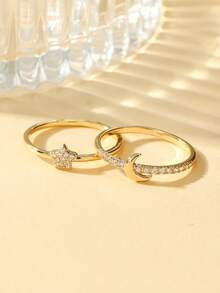 Gift Box Set Couple Rings With Star & Moon Design, Cubic Zirconia Inlaid Shiny Jewelry, Suitable As Holiday Gift - Gold - View 3