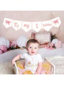 Pink Handmade 1st Birthday High Chair Banner With Wild One Cake Topper 1st Birthday Cone Hat Happy Birthday Party Decorations For Baby Girls Photoshoot Props Photo Props