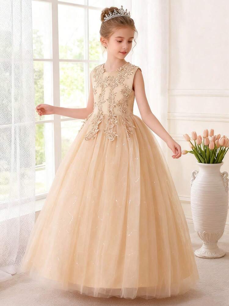 Vestido de Dama de Honra de Renda para Adolescentes, Vestido de Princesa para Casamento Infantil, Vestido de Formatura, Vestido de Princesa para Concurso (Adolescente), Vestido de Casamento, Vestido de Formatura, Vestido Formal de Natal - Champanhe - Visão 5