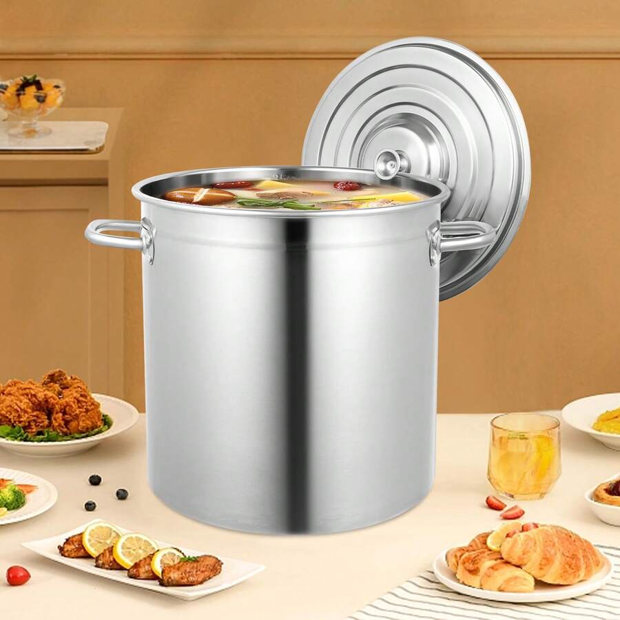 35L/30 Quart Stainless Steel Stock Pot, Large Cooking Pots Canning Cookware With Stainless Steel Lid, Cookware Sauce Pot Soup Pot Grade Stockpot For Storing Various Liquid Soup, Rice, Flour - Silver - View 1