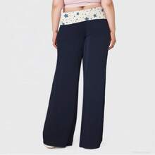 Plus Size Light Pink Star Pattern Flare Pants, Soft Fabric Elastic Waist,  Casual Daily Wear Trousers For Women - Màu xanh hải quân - Xem 3