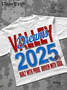 Y2K,Printed With Patterns Of A Vintage - Style Auto Repair Shop, Along With The Words 'Dreams Valley',Fashionable Cotton Men's T-Shirt, , Surprise Gift For Friends And Family, Drop Shoulder Sleeves Round Neck - 白色 - 查看 3