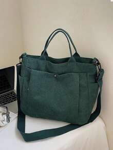 1pc Autumn/Winter Corduroy Multi-Pocket Tote Bag, Solid Color Durable Large Capacity Casual Bag, Unisex Outdoor Organizer Shopping Handbag For Work Office