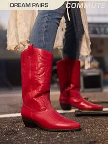 Women's Cowgirl Cowboy Western Boots Embroidery Fashionable Chunky Pull On For Festival Music Concert Mid Calf  Red Boots - 紅色 - 查看 4