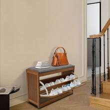 Shoe Storage Bench, Bamboo Entryway Bench, 2-Tier Shoe Rack, 27.5*9.4*17.3in Shoe Organizer With Padded Seat Cushion For Entryway Living Room Bedroom, Holds Up To 220.5 Lbs, Brown, Simple Assembly