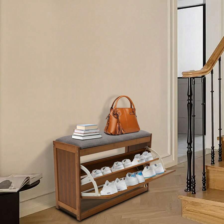 2-Tier Bamboo Entryway Shoe Storage Bench, Shoe Rack, 27.5*9.4*17.3in Shoe Organizer With Padded Seat Cushion For Entryway Living Room Bedroom, Holds Up To 220.5 Lbs, Brown, Simple Assembly, Doorway Show Rack For Home Office Hotel - Brown - View 1