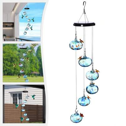 Blue Hummingbird Feeder With 6 Glass Balls, Hanging Hummingbird Feeder With Metal Chassis & Iron Wire - Bird Feeder With Flower-Shaped Ports, Funnel & Cleaning Brush - Outdoor Garden Hummingbird Feeder For Branches, Patios & Balconies
