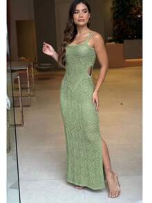 Vestido Denise Midi Elegante em Tricot Modal Fenda e Alças Largas - Verde Menta - Visão 1