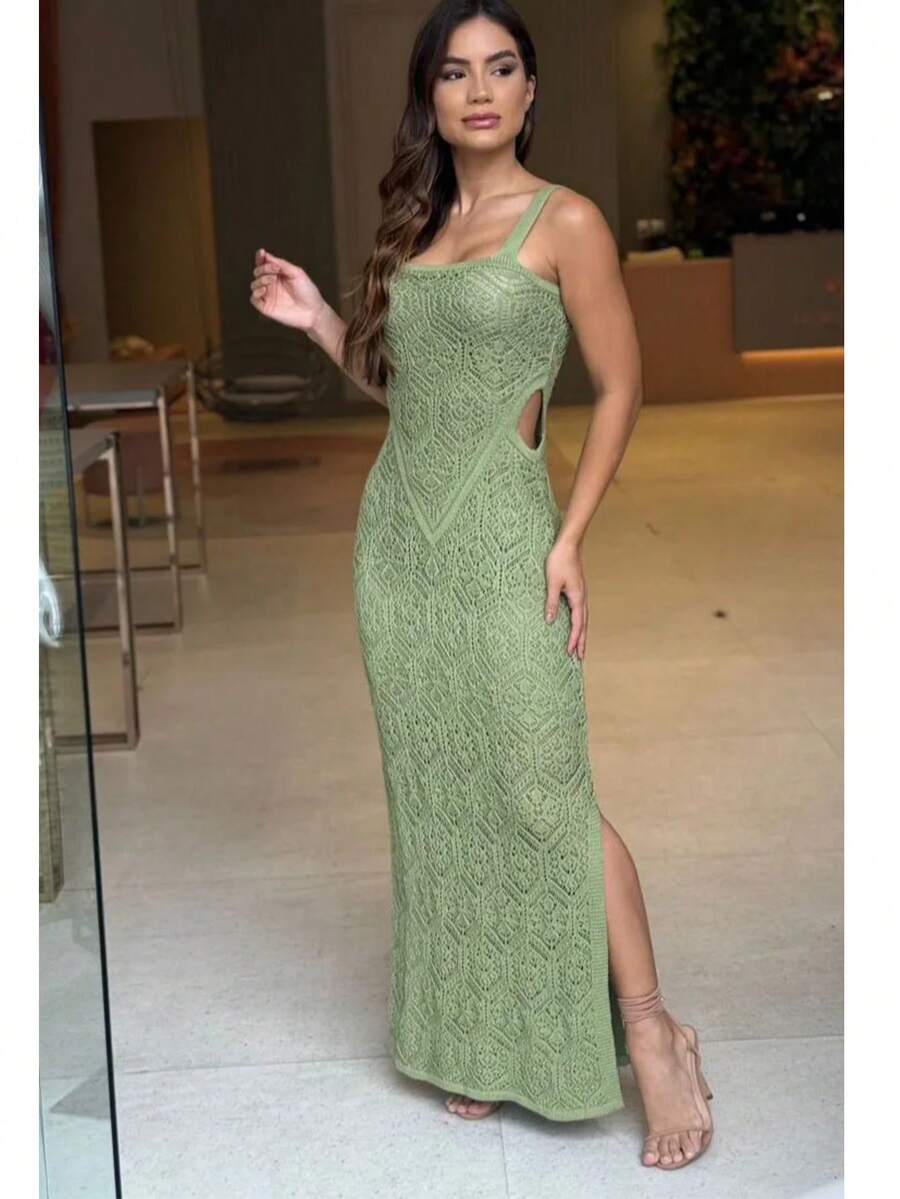 Vestido Denise Midi Elegante em Tricot Modal Fenda e Alças Largas - Verde Menta - Visão 1