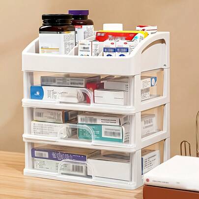 1个抽屉和6格塑料药品收纳盒 - 透明耐用塑料桌面收纳柜，防尘节省空间设计，适用于化妆品、文具、家居用品 - 多功能收纳方案，无需组装，现代风格