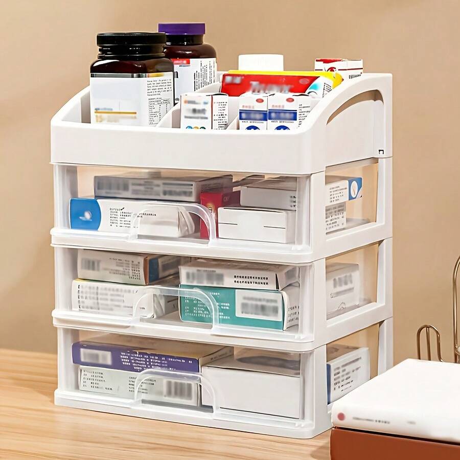 1个抽屉和6格塑料药品收纳盒 - 透明耐用塑料桌面收纳柜，防尘节省空间设计，适用于化妆品、文具、家居用品 - 多功能收纳方案，无需组装，现代风格