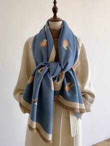 1条女士可爱小鸟图案提花仿羊绒保暖围巾，时尚百搭空调房毯，优雅披肩，适合秋冬季服装搭配。 - 彩色 - 查看 9