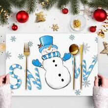 1/4/6 pièces Dessous de plat décoratifs avec bonhomme de neige portant un chapeau Top de forme bleu, décoré de feuilles de houx et de baies rouges, enveloppé dans une écharpe rayée bleu et blanc, avec des gants bleus imprimés