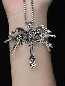 1 buc colier cu pandantiv cruce de înger vintage cu 6 aripi, colier cruce cu aripi în stil gotic punk pentru bărbați