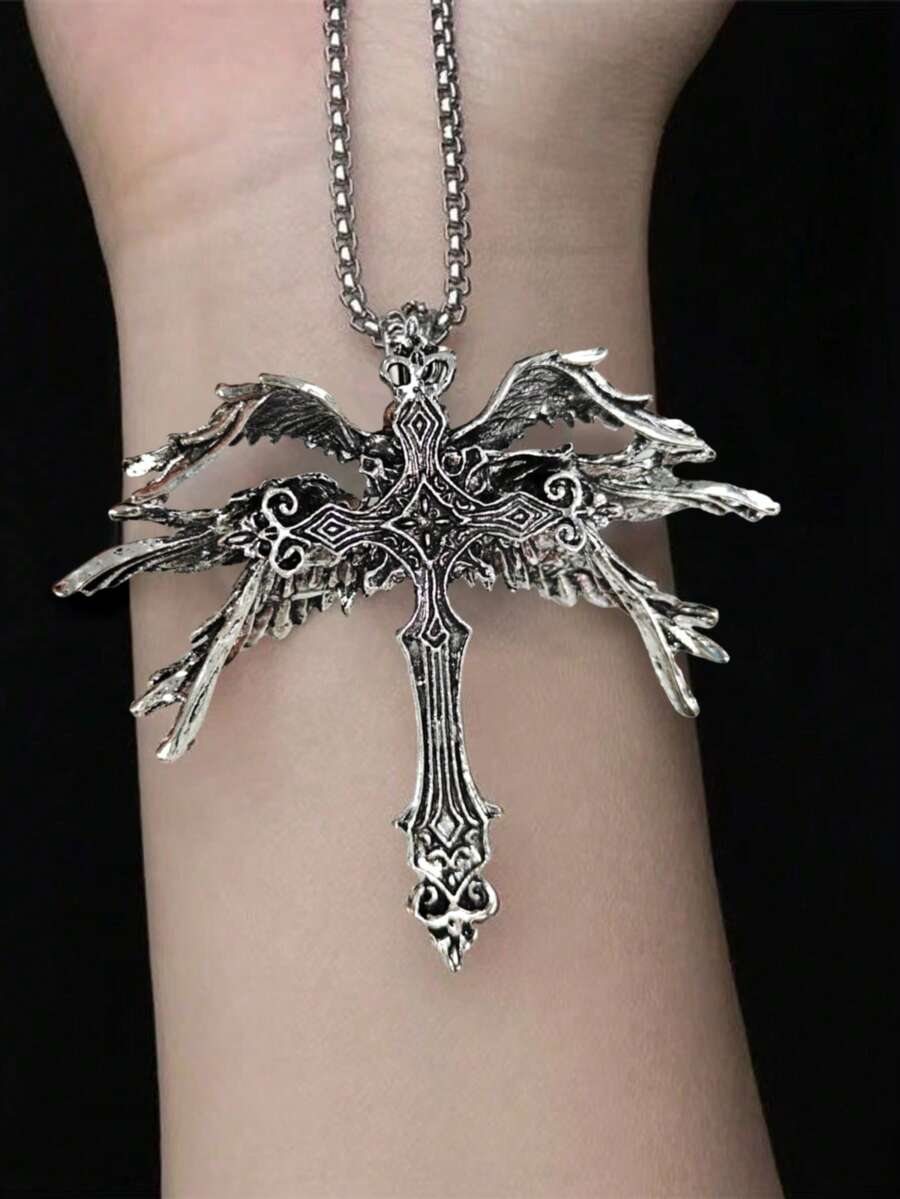 1 buc colier cu pandantiv cruce de înger vintage cu 6 aripi, colier cruce cu aripi în stil gotic punk pentru bărbați