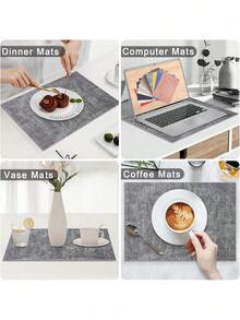 8 件皮革耐热餐垫双面布艺纹理皮革餐垫适用于餐桌防水可擦拭可水洗 PU 桌垫，易于清洁防滑餐垫 - 淺灰色 - 查看 4