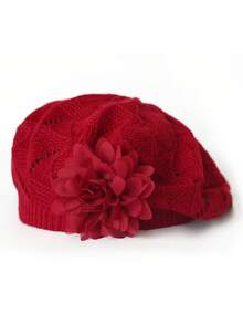 1pc Women's Casual Knitted Beret Hat With Large Floral Decor, Fashionable & Versatile Solid Color - Multicolor - View 23