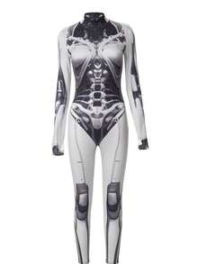 Mono sexy para fiesta de mujer, con estampado de calavera rosa, ajustado, para actuación, vacaciones, manga larga, cremallera delantera, disfraz de Halloween