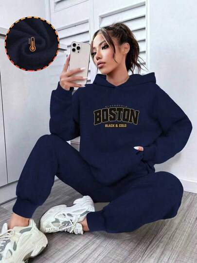 2pcs/Set Girls/Teens Casual Loose Letter Print Pullover Hoodie Sweatshirt And Straight Leg Drawstring Pants, Warm Fleece Lining, Suitable For Spring, Autumn, Winter