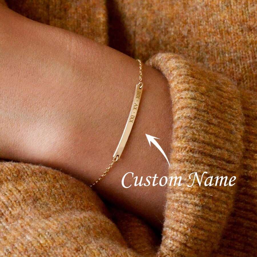 This Exquisite And Simple Narrow Bracelet Can Be Customized With Your Initials, Roman Numerals, Or The Date. Made Of Gold, It Makes A Perfect Gift.