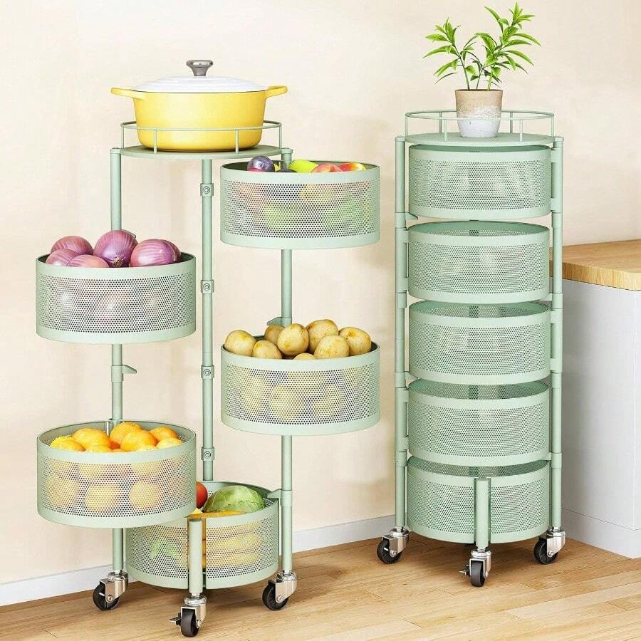 Fruit And Vegetable Basket Bowls Kitchen With Metal Top Lid, 5 Tier Rotating Storage Rack Cart Potato Onion Bread Banana, Wire Basket Organizer On Wheels, Large, Black - Green - View 1