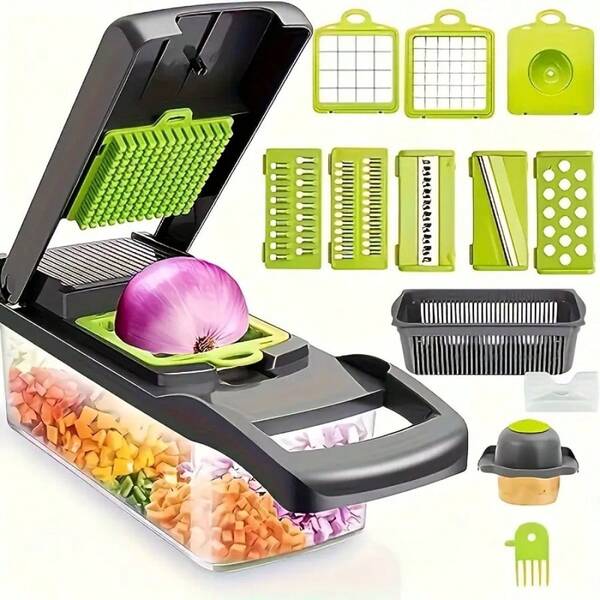 1 Vegetable Onion Chopper, Multifunctional Cutting Machine, Ingredient Processing Tool, Onion Chopper With Drain Basket, Carrot Garlic Chopper With Container, Kitchen Tools, Kitchen Accessories, Suitable For Home/Restaurant To Quickl
