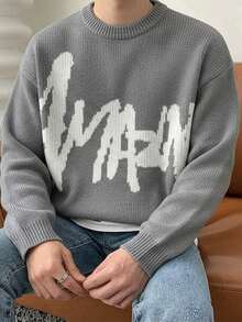 1pc Teen Boy Casual Outdoor Activewear Contrast Color Slouchy Thick Warm Knit Sweater, Autumn/Winter