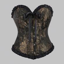 1 件女式新款复古风格紧身胸衣，带黑色和金色花卉提花褶皱荷叶边的束腰带，带骨架支撑的腰带，紧身胸衣，可搭配服装 - 黑色 - 查看 9