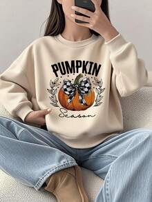 Tween Girls Plaid Bow Pumpkin Slogan Print Apricot Pullover Sweatshirt, For Autumn & Spring For Halloween - Apricot - View 8