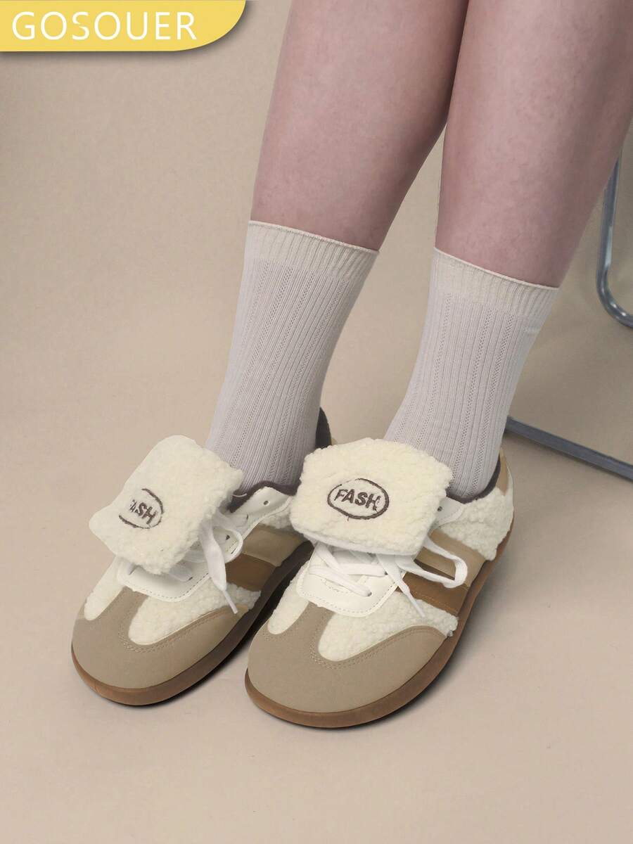 GOSOUER Damen Dicke Fleece Puffball Oberteil Sportschuhe Outdoor rutschfeste Gummisohle Schnee Baumwolle Lässig Schuhe mit warmer flauschiger Fütterung Reise Training Thermoschuhe Sneaker für Winter und Herbst Saison