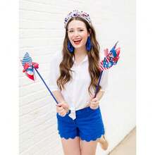 USA 4 Th Of July Pearl Knotted Headband For Women Red White Blue Pearl Rhinestone Jeweled Hairband American Flag Patriotic Independence Day Wide Headband Summer Beach Hair Accessories - 紅色白色藍色珍珠髮帶白色 - 查看 4