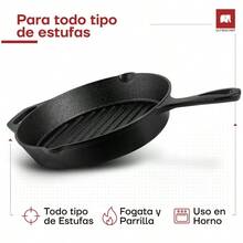 Juego de 3 Sartenes de Hierro Fundido con Largo, Previamente Curado, Cast - Iron Skillet, Set de 3 piezas 6 8 y 10 Negro - Sartén Grill 10" (25 cm) - Ver 4