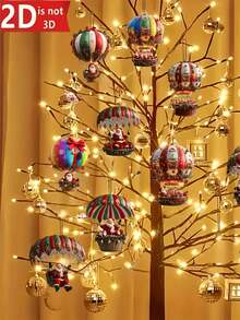 10Pcs Set Vintage Handmade-Style Hanging Ornaments - Artificial Wood Hot Air Balloon & Sleigh With Santa Claus, Gold Cupolas & Striped Canopies - For Christmas Tree Indoor/Outdoor, Garden, Wedding, Birthday Party, Easy-Hang Twine - Multicolor - View 7