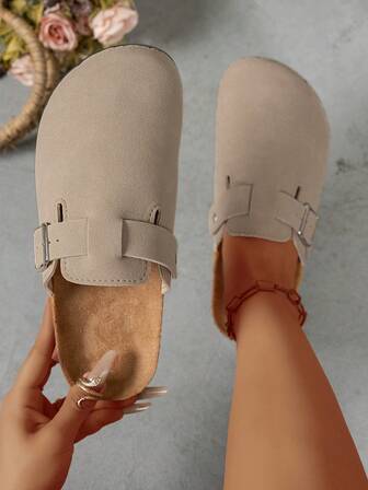 Pantuflas de mujer con tela esponjosa - Parte superior y forro de tela suave, suela de PVC amortiguadora, adecuada para uso interior y exterior, pantuflas casuales para el hogar - Beige