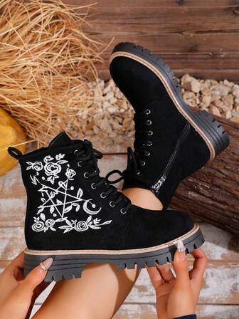 Women's Gothic Floral Ankle Boots - Thick Sole Chunky Heel, Floral Embroidery Side Zipper Design, All-Season Black Boots Suitable For Casual And Formal Occasions - Easy On/Off Round Toe Shoes