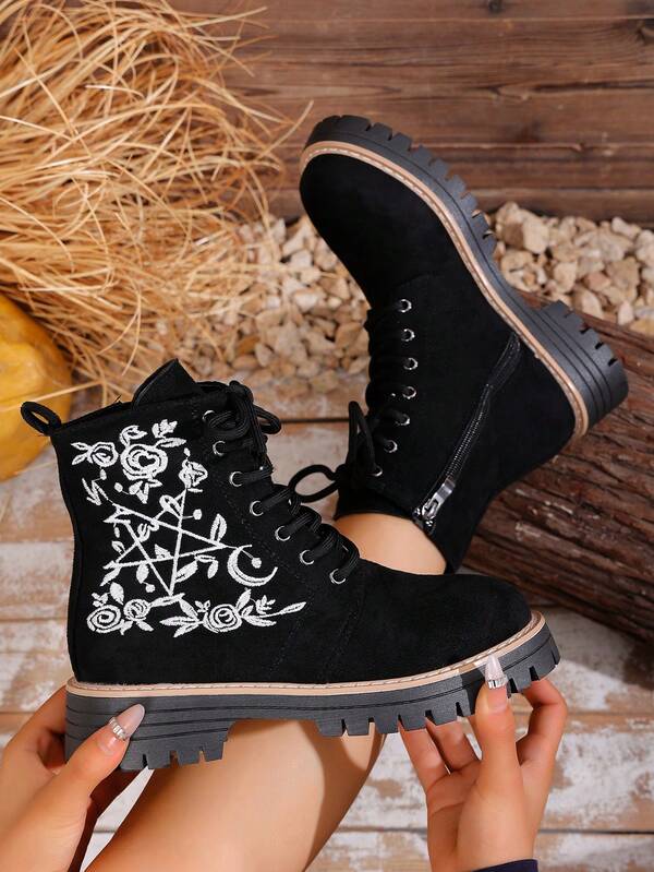 Women's Gothic Floral Ankle Boots - Thick Sole Chunky Heel, Floral Embroidery Side Zipper Design, All-Season Black Boots Suitable For Casual And Formal Occasions - Easy On/Off Round Toe Shoes