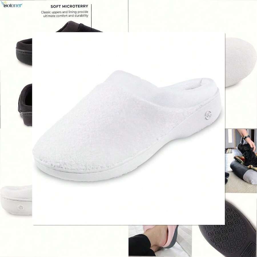 Isotoner Women's Terry And Satin Slip On Cushioned Slipper With Memory Foam For Indoor/Outdoor Comfort Flat Sandals - 白色 - 查看 1
