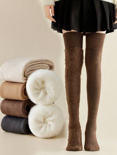 1 Pair Women's Thigh High Socks, Multi-Color Fleece Lined Thick Warm Wool Blend Knee High Socks, Fashion & Versatile For Autumn/Winter