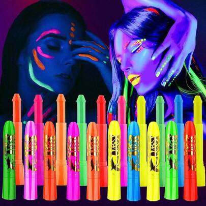6/12pcs Fluorescent Wax Crayons, Glow-In-The-Dark Colored Drawing Sticks For Party, Halloween, Christmas, Makeup, Body/Face Painting, Cosplay