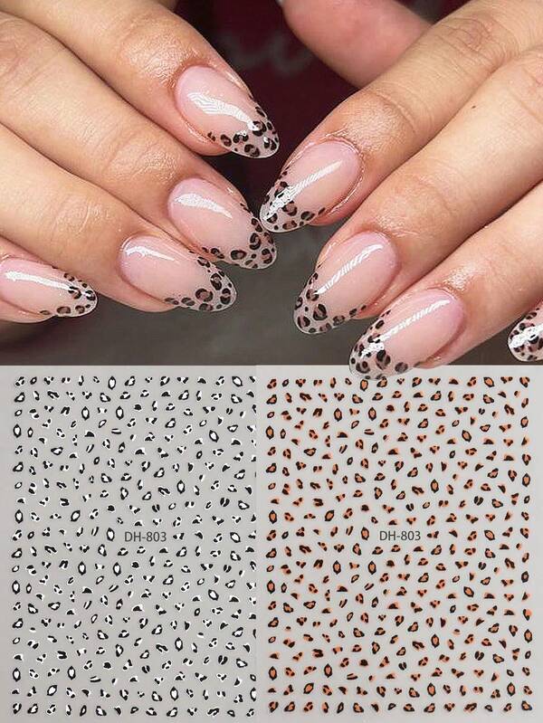 2 pièces Autocollants d'art pour ongles imprimés 3D léopard, Décalcomanies à motif léopard français Y2K pour l'automne/l'hiver, Fournitures pour ongles adhésives à imprimé animal
