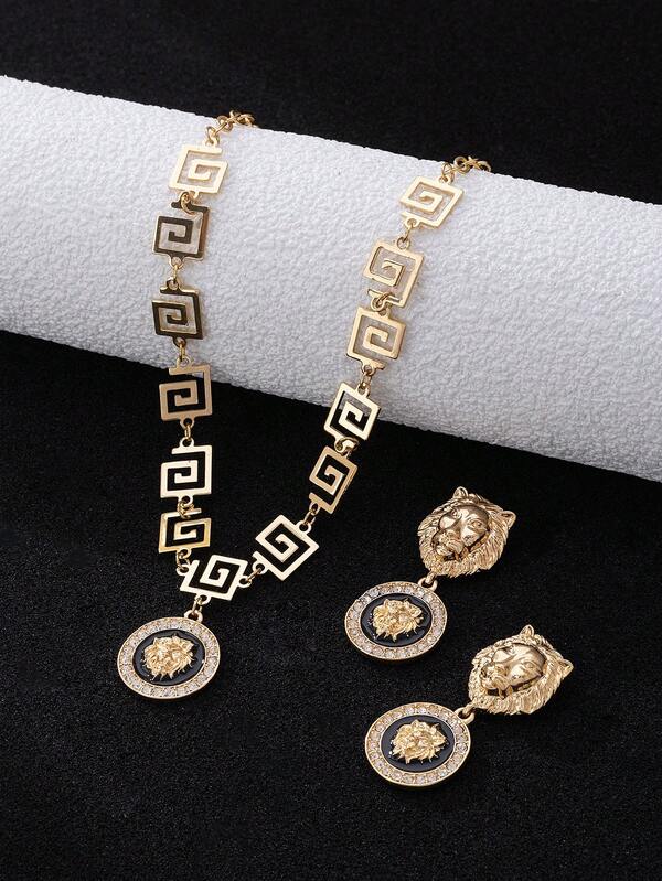Men's Retro Personalized Hip Hop Style Lion Head Necklace Earring Set Suitable For Daily Commuting
