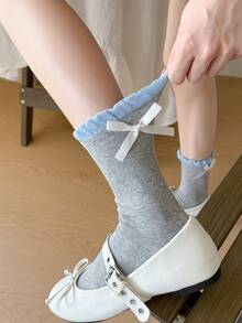 1 par de calcetines de mujer con lazo y contraste de color acanalado, lindos y versátiles, estilo lolita, calcetines blancos sencillos hasta el tobillo