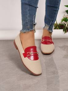 Women's Elegant Square Toe Metal Buckle Flat Shoes, Suitable For All Seasons