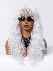 24 英寸白色长卷发波浪假发带刘海合成高温纤维假发替换装，适合女性动漫角色扮演万圣节服装派对穿着，送给女士的漂亮万圣节礼物 - 白色 - 查看 2
